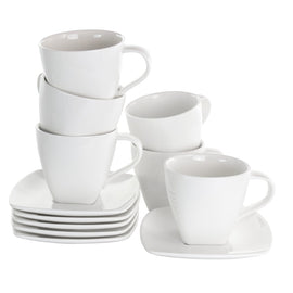 Elama Market 12-Piece Porcelain Square Cup And Saucer Set, 10 Oz, White