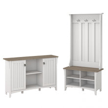 Load image into Gallery viewer, Bush Furniture Salinas Entryway Storage Set with Hall Tree/Shoe Bench and Accent Cabinet, Shiplap Gray/Pure White, Standard Delivery