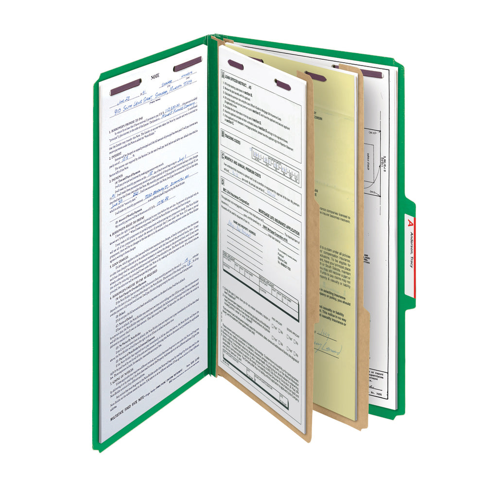 Smead Pressboard Classification Folder With SafeSHIELD Fastener, 2 Dividers, Legal Size, 100% Recycled, Green