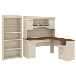 Bush Business Furniture Fairview 60inW L-Shaped Corner Desk With Hutch And 5-Shelf Bookcase, Antique White, Standard Delivery