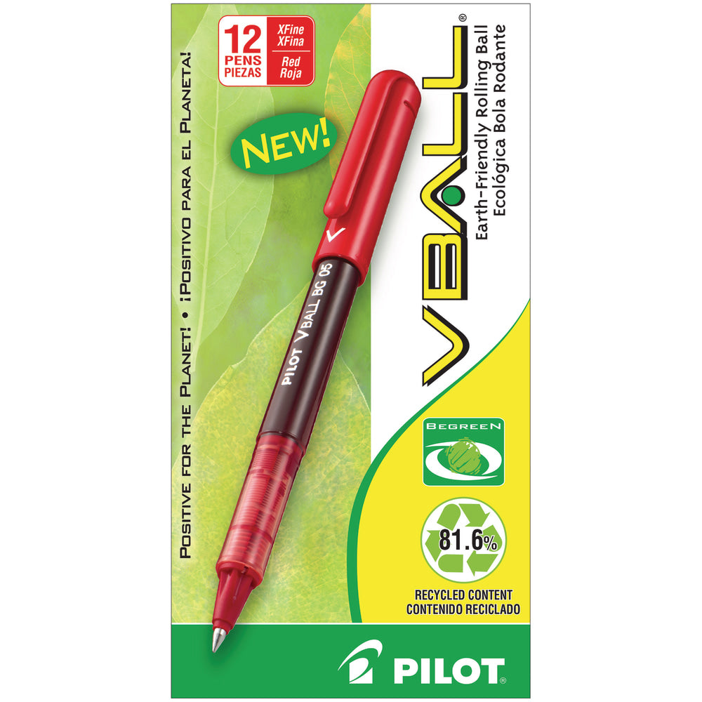 Pilot V-Ball BeGreen 82% Recycled Liquid Ink Rollerball Pens, Extra Fine Point, 0.5 mm, Red Barrel, Red Ink, Pack Of 12
