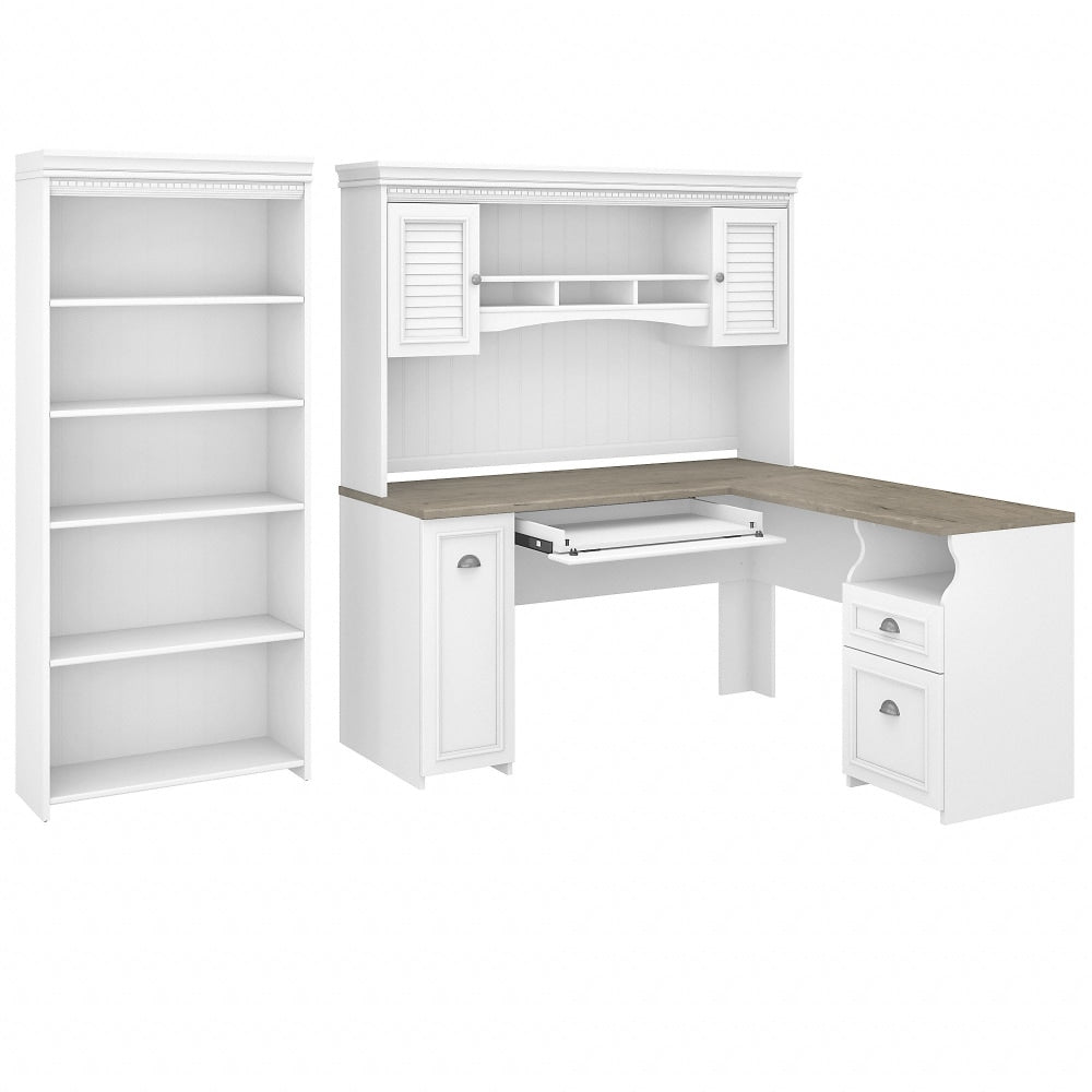 Bush Business Furniture Fairview 60inW L-Shaped Corner Desk With Hutch And 5-Shelf Bookcase, Shiplap Gray/Pure White, Standard Delivery