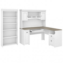 Bush Business Furniture Fairview 60inW L-Shaped Corner Desk With Hutch And 5-Shelf Bookcase, Shiplap Gray/Pure White, Standard Delivery