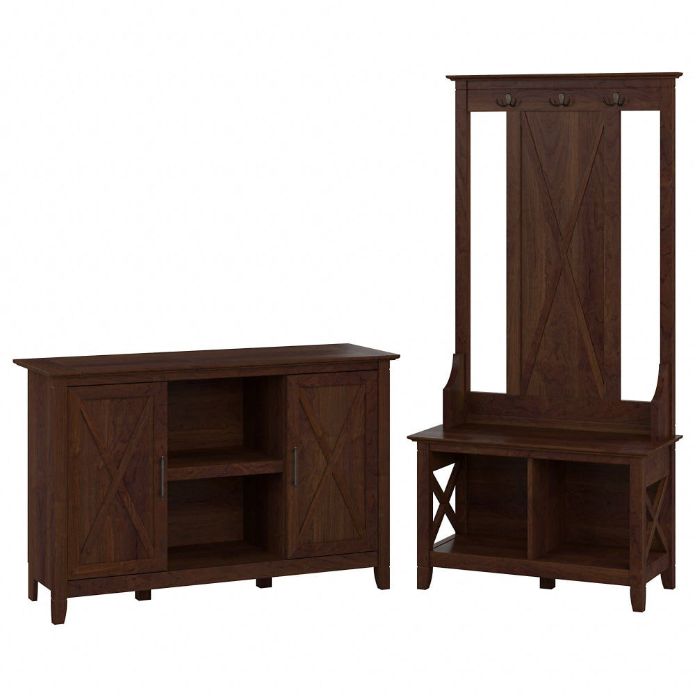 Bush Furniture Key West 47inW Entryway Storage Set With Hall Tree, Shoe Bench And 2-Door Cabinet, Bing Cherry, Standard Delivery