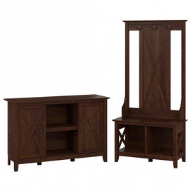 Bush Furniture Key West 47inW Entryway Storage Set With Hall Tree, Shoe Bench And 2-Door Cabinet, Bing Cherry, Standard Delivery