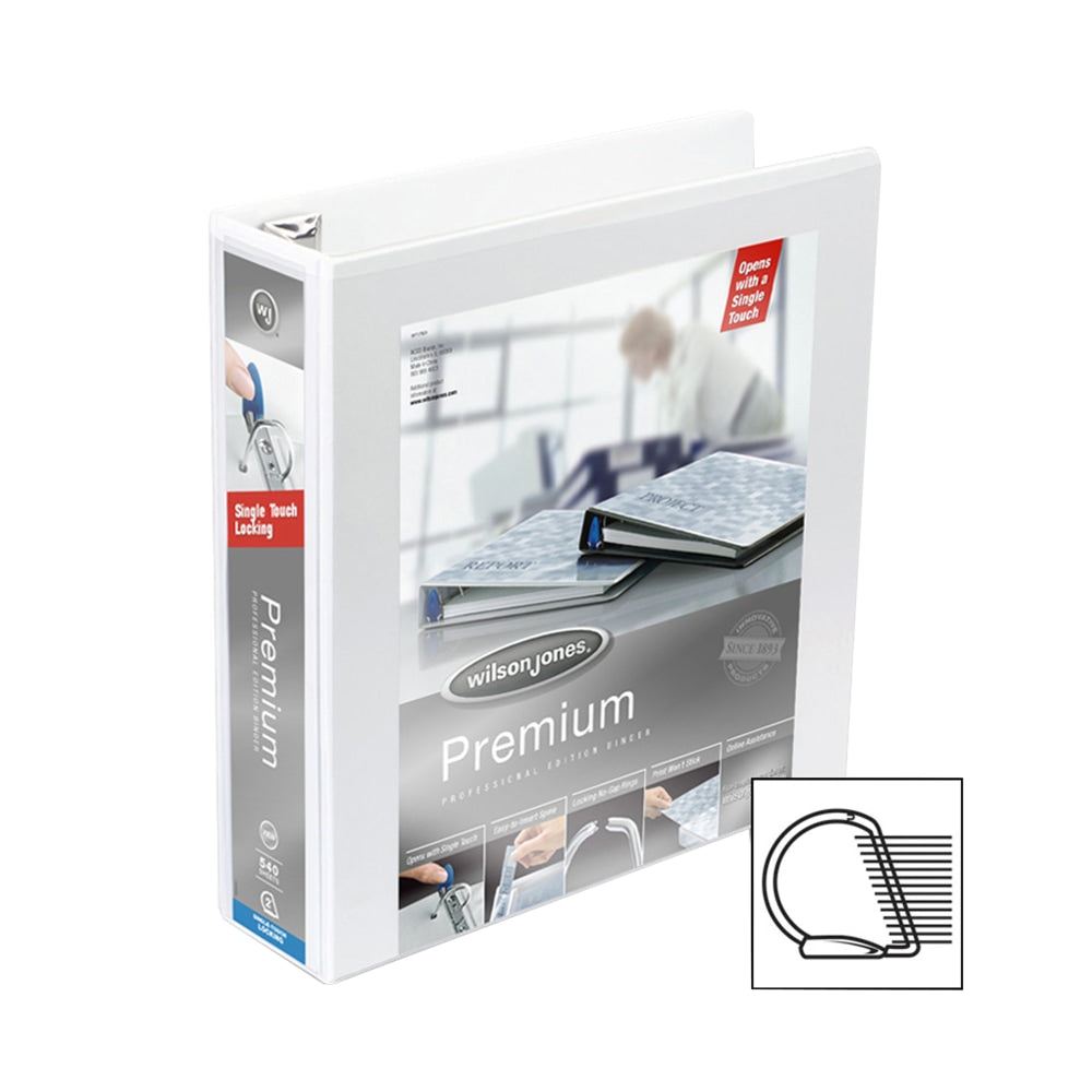 Wilson Jones Premium Single-Touch Locking No-Gap View 3-Ring Binder, 2in D-Rings, 39% Recycled, White