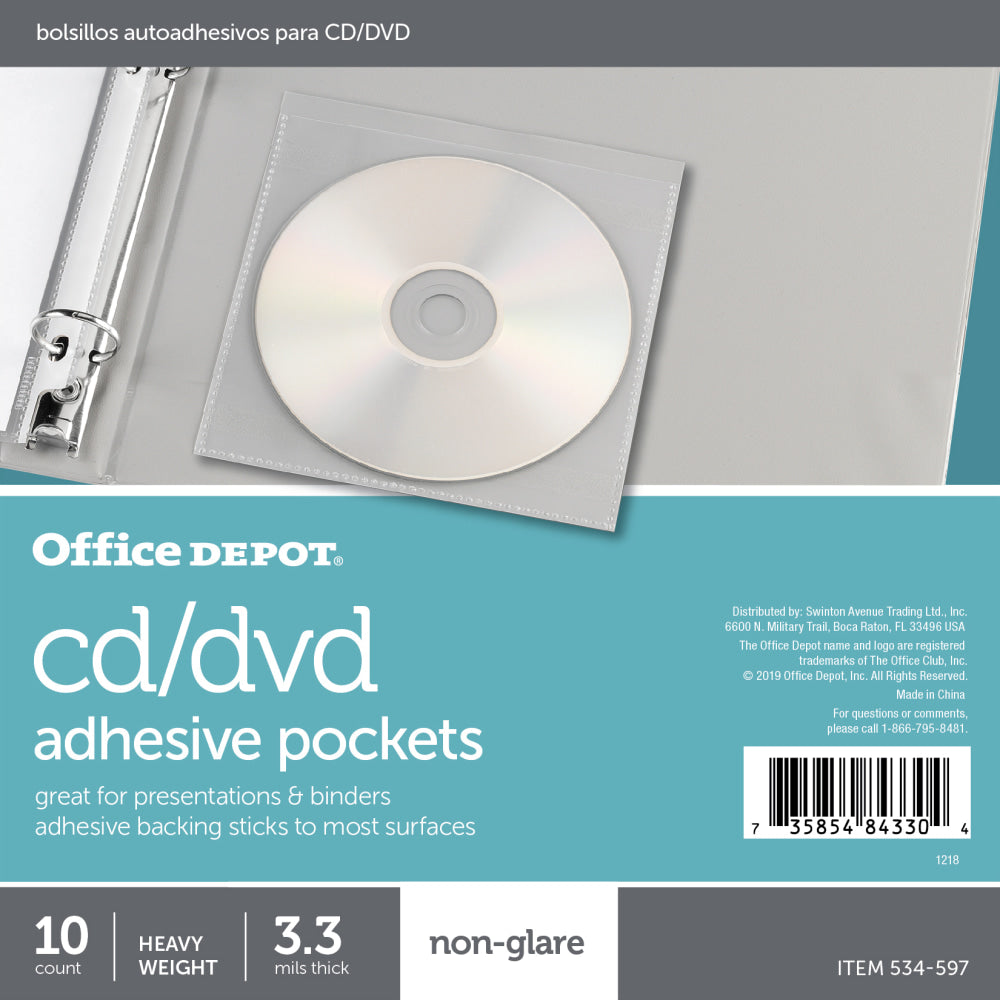 Office Depot Brand CD/DVD Adhesive Pockets, 6in x 10 1/2in, Clear, Non-Glare, Pack Of 10