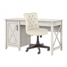 Bush Furniture Key West 54inW Computer Desk With Storage And Mid-Back Tufted Office Chair, Linen White Oak, Standard Delivery