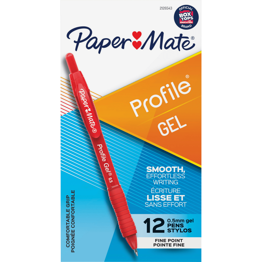 Paper Mate Profile Gel Pens, Fine Point, 0.5 mm, Red Barrel, Red Ink, Pack Of 12 Pens