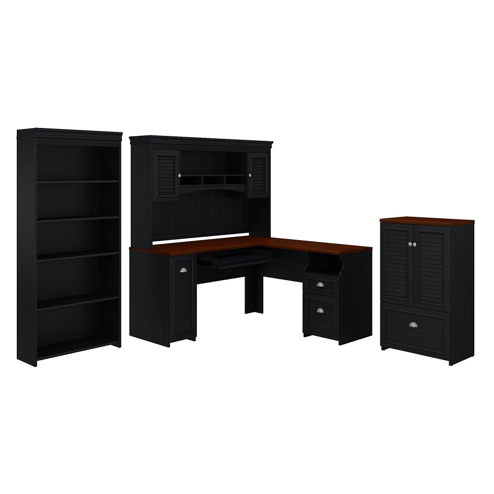Bush Furniture Fairview 60inW L-Shaped Desk With Hutch, Storage Cabinet With Drawer And 5-Shelf Bookcase, Antique Black, Standard Delivery