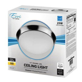 Euri 15in Indoor Round LED Ceiling Light Fixture, Dimmable, 2,200 Lumens, 3000K, 25 Watts, Chrome/Frosted Plastic