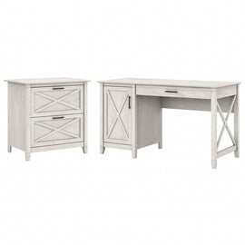 Bush Furniture Key West 54inW Computer Desk With Storage And 2-Drawer Lateral File Cabinet, Linen White Oak, Standard Delivery
