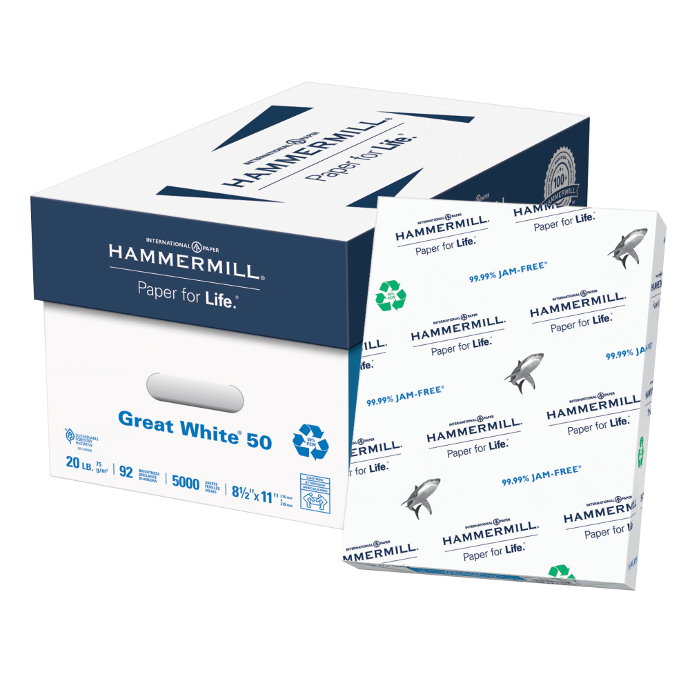 Hammermill Great White Copier Paper, Letter Size (8 1/2in x 11in), 5000 Total Sheets, 20 Lb, 50% Recycled, White, 500 Sheets Per Ream, Case Of 10 Reams