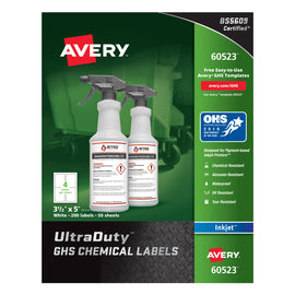Avery UltraDuty GHS Chemical Labels For Pigment-Based Inkjet Printers, 60523, 3 1/2in x 5in, White, Pack Of 200
