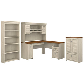 Bush Furniture Fairview 60inW L Shaped Desk With Hutch, Storage Cabinet With Drawer And 5 Shelf Bookcase, Antique White/Tea Maple, Standard Delivery