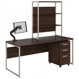 Bush Business Furniture Hybrid 72inW Computer Desk With Hutch, Mobile File Cabinet And Monitor Arm, Black Walnut, Standard Delivery