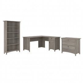 Bush Business Furniture Salinas 60inW L-Shaped Corner Desk With Lateral File Cabinet And 5-Shelf Bookcase, Driftwood Gray, Standard Delivery