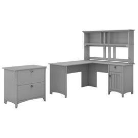 Bush Furniture Salinas 60inW L Shaped Desk with Hutch and Lateral File Cabinet, Cape Cod Gray, Standard Delivery