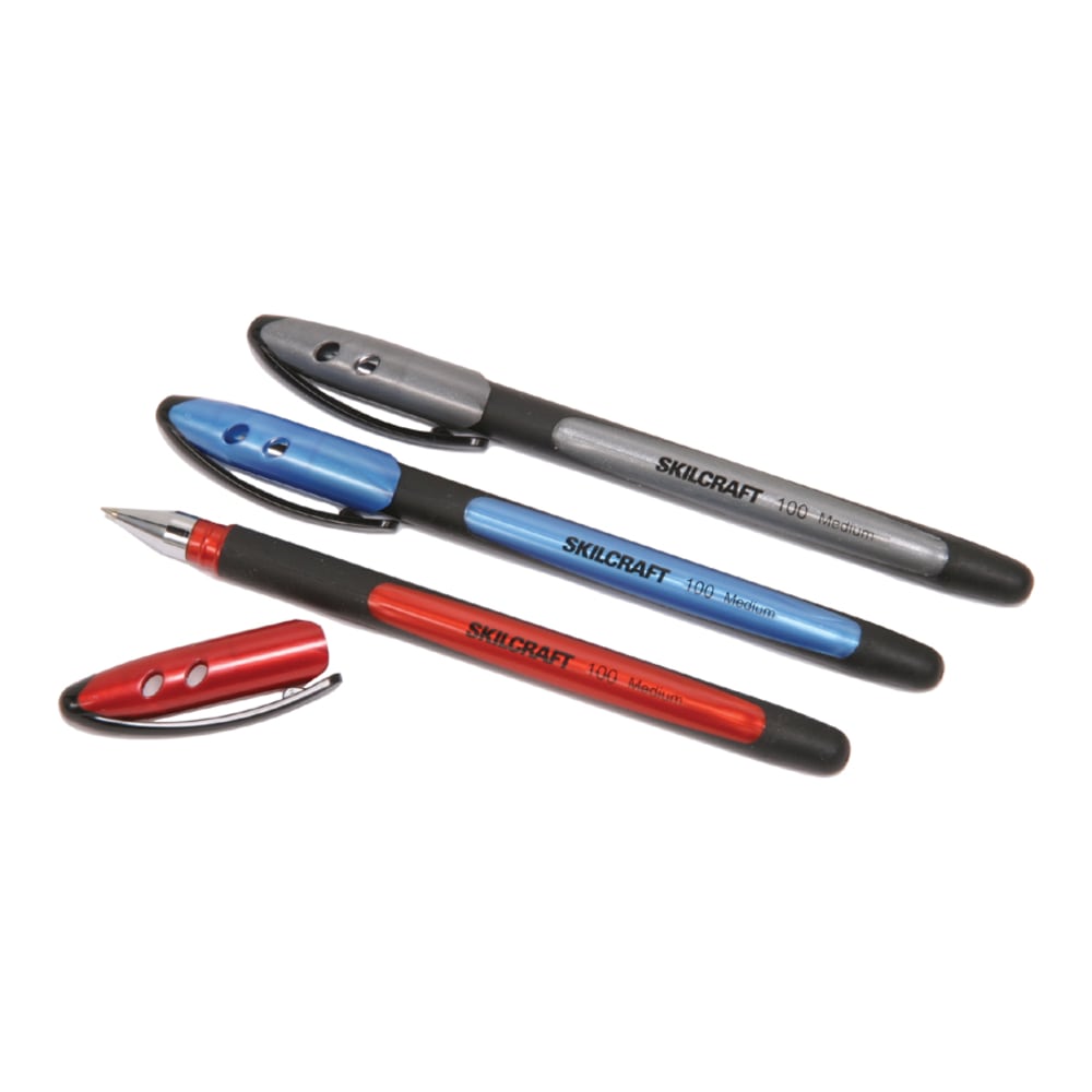 SKILCRAFT 100 Rubberized Stick Pens, Fine Point, 0.7 mm, Black Barrel Black Ink, Pack Of 12