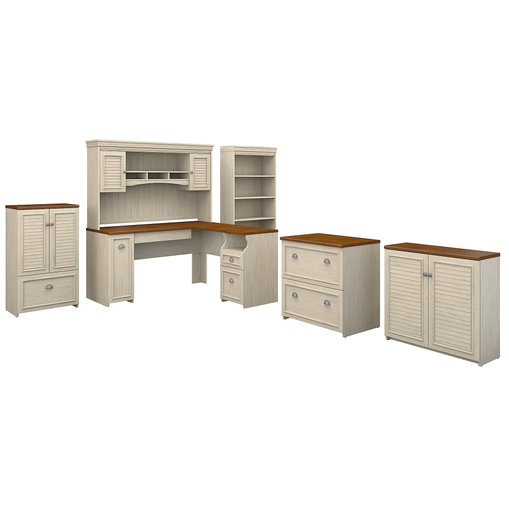 Bush Furniture Fairview 60inW L Shaped Desk With Hutch, Bookcase, Storage And File Cabinets, Antique White/Tea Maple, Standard Delivery