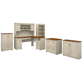 Bush Furniture Fairview 60inW L Shaped Desk With Hutch, Bookcase, Storage And File Cabinets, Antique White/Tea Maple, Standard Delivery