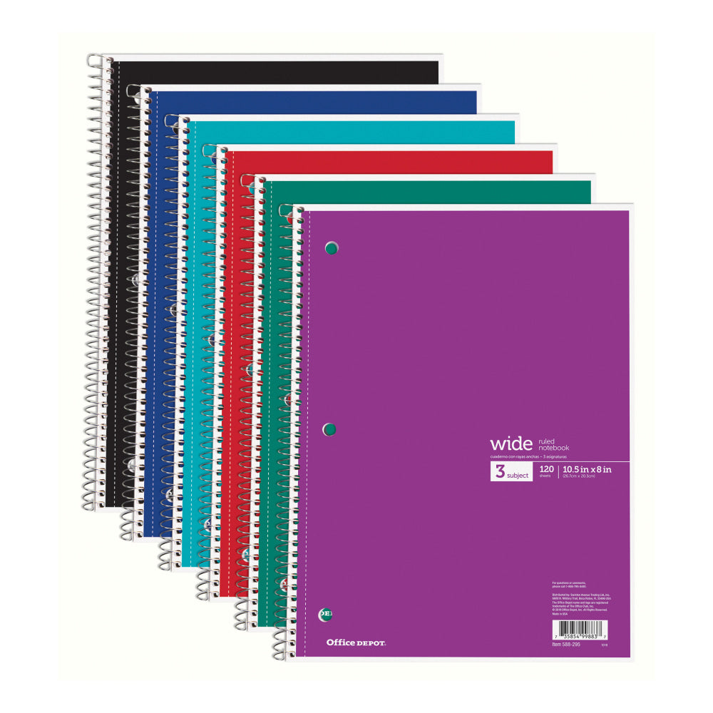 Office Depot Brand Wirebound Notebook, 3-Hole Punched, 8 1/2in x 10 1/2in, 3 Subjects, Wide Ruled, 120 Sheets, Assorted Colors (No Color Choice)