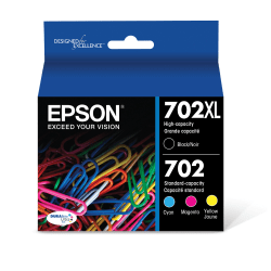 Epson 702XL Black/702 DuraBrite Tri-Color Ultra High-Yield/Standard Yield Ink Cartridges, Pack Of 2, T702XL-BCS