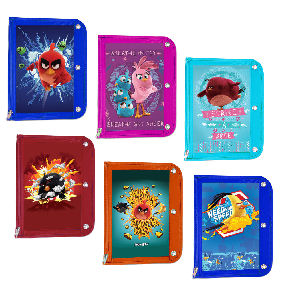 Inkology Angry Birds Binder Pencil Pouches, 10-1/4in x 8-1/4in, Assorted Colors, Pack Of 6 Pouches