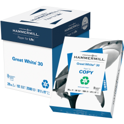 Hammermill Great White 30 Copy Paper, 5 Reams, White, Letter (8.5in x 11in), 2500 Sheets Per Case, 20 Lb, 92 Brightness