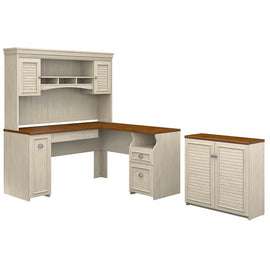 Bush Furniture Fairview 60inW L Shaped Desk With Hutch And Small Storage Cabinet, Antique White/Tea Maple, Standard Delivery