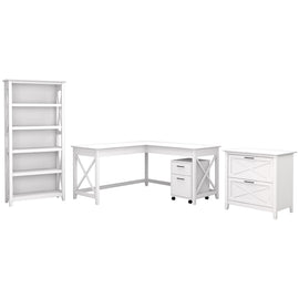 Bush Business Furniture Key West 60inW L-Shaped Corner Desk With File Cabinets And 5-Shelf Bookcase, Pure White Oak, Standard Delivery