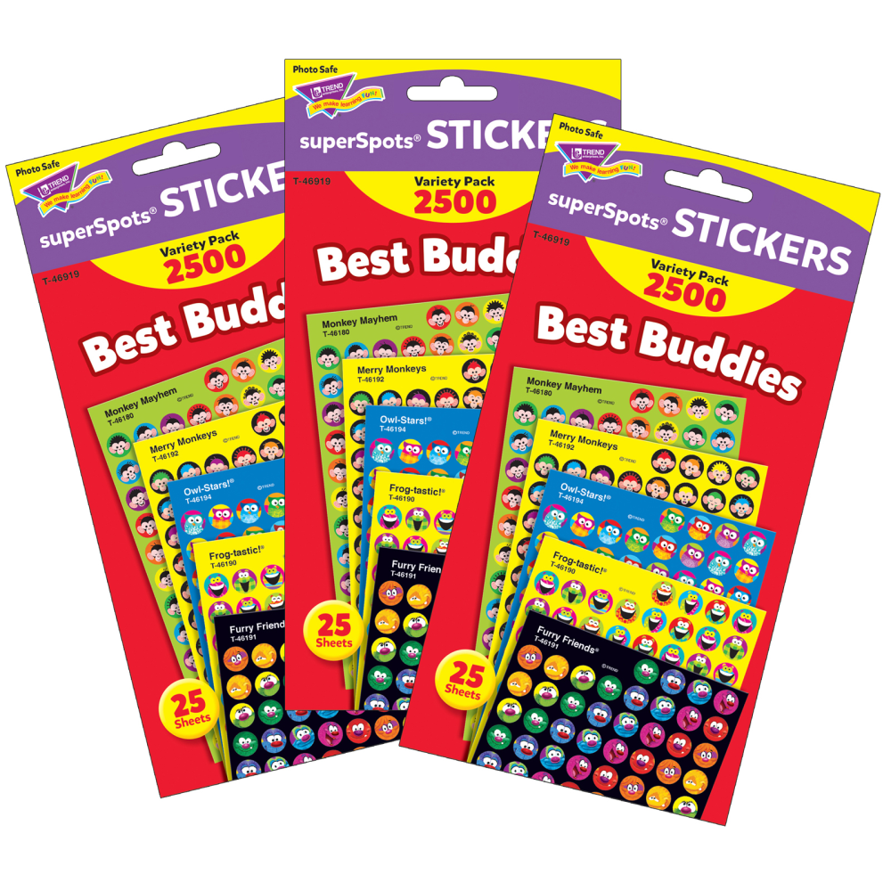 Trend SuperSpots Stickers, Best Buddies, 2,500 Stickers Per Pack, Set Of 3 Packs