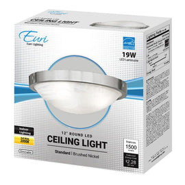 Euri Indoor Round LED Ceiling Light Fixture, 12in, Dimmable, 3000K, 19 Watts, 1,500 Lumens, Brushed Nickel/Alabaster Glass