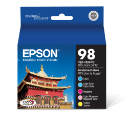 Epson 98 Claria Cyan, Light Cyan, Magenta, Light Magenta, Yellow High-Yield Ink Cartridges, Pack Of 5, T098920