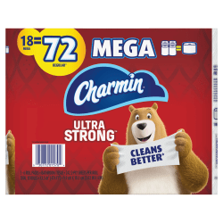 Charmin Ultra Strong 2-Ply Mega Toilet Paper Rolls, 4-1/2in x 4in, White, 242 Sheets Per Roll, Pack Of 18 Rolls