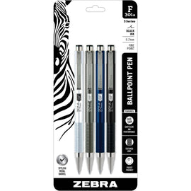 Zebra Pen STEEL 3 Series F-301A Retractable Ballpoint Pen - Fine Pen Point - 0.7 mm Pen Point Size - Retractable - Black - Silver Aluminum, Gray, Navy, Black Barrel - 4 / Pack