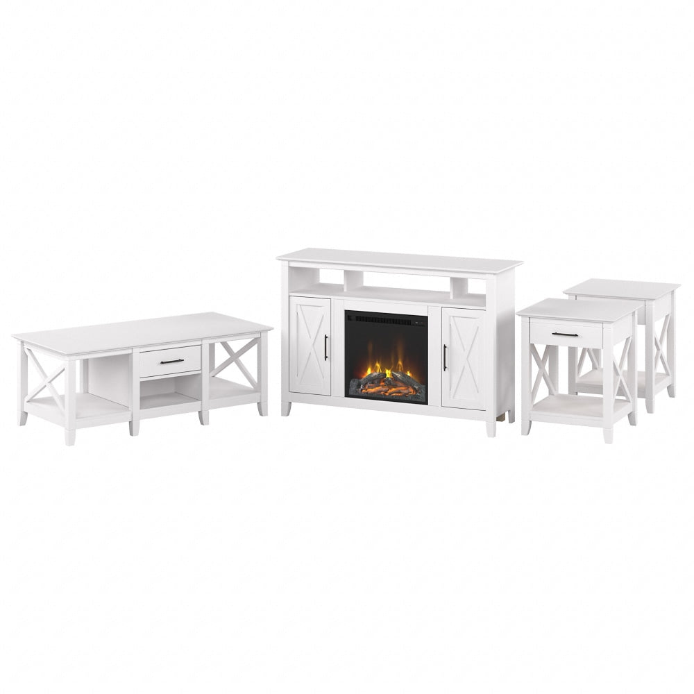 Bush Furniture Key West Tall Electric Fireplace TV Stand With Coffee Table And End Tables, Pure White Oak, Standard Delivery