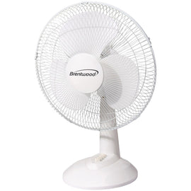 Brentwood Kool Zone F-12DW 12in Oscillating Desk Fan - 12in Diameter - 3 Speed - Oscillating, Pivoting Head, Carrying Handle, Quiet, Adjustable Tilt Head, Air Circulation - White