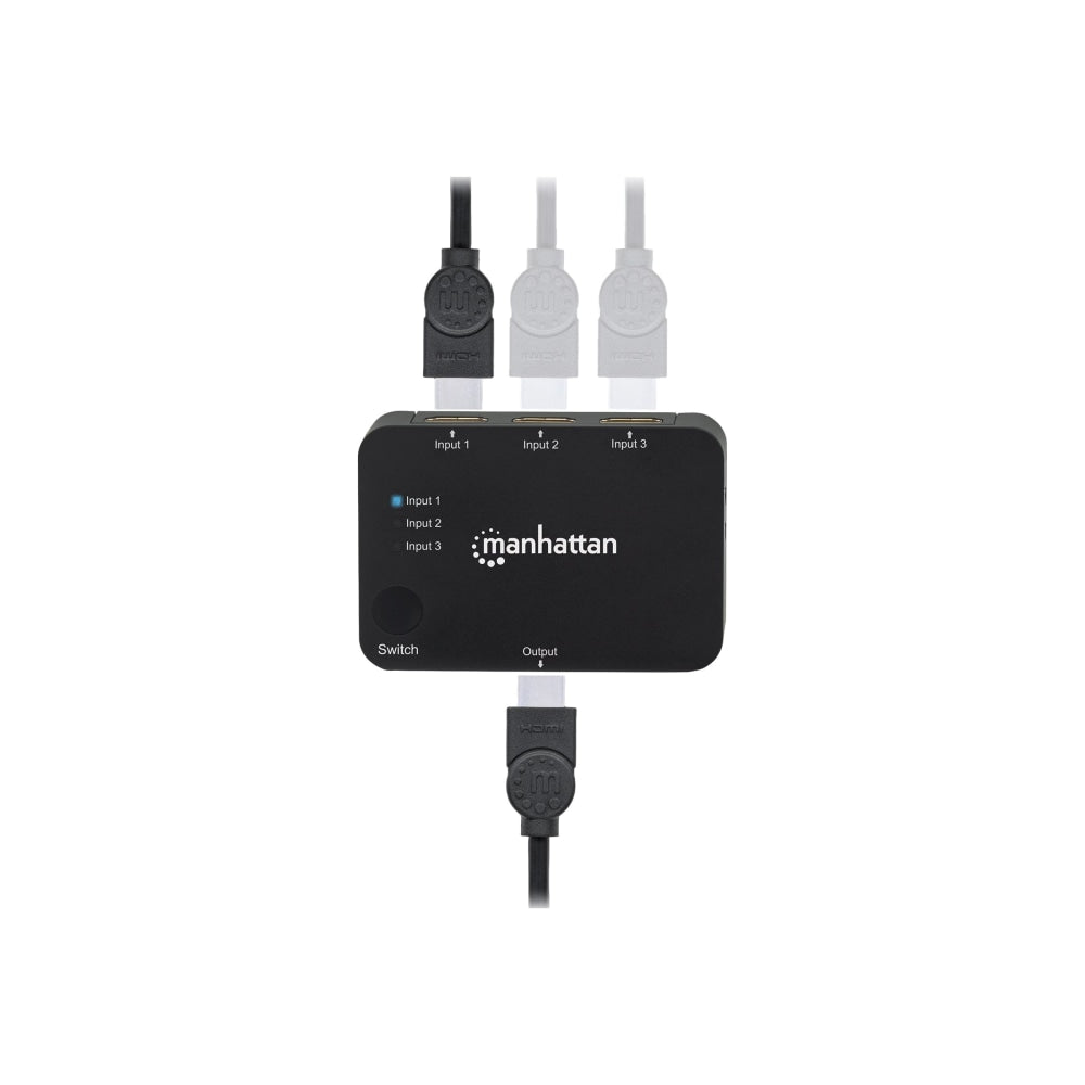 Manhattan HDMI Switch 3-Port , 4K@30Hz, Connects x3 HDMI sources to x1 display, Automatic and Manual Switching (via button), USB-A Powered (cable included, 0.7m), Black, Three Year Warranty, Retail Box - Video/audio switch - 3 x HDMI - desktop