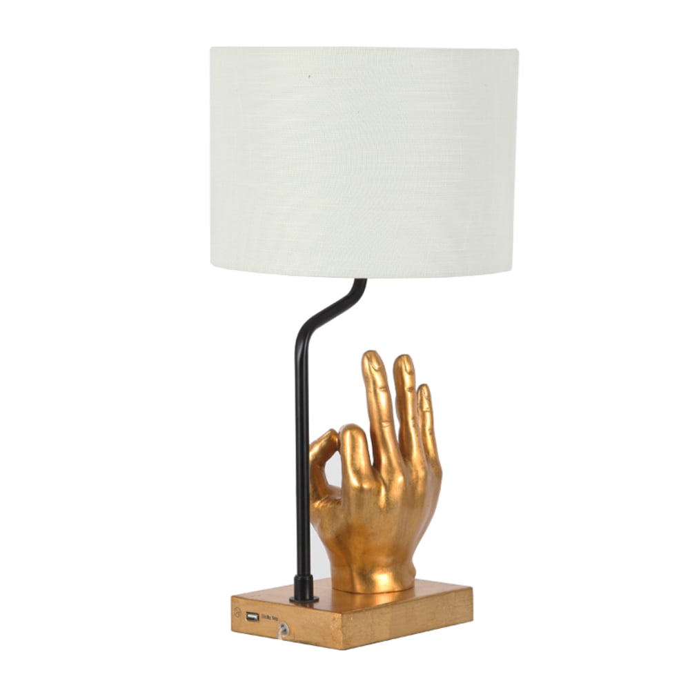 Adesso Simplee Hand Table Lamp with USB Port, 19inH, White Shade/Antique Gold Base