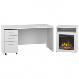 Bush Business Furniture Studio C 60inW x 30inD Desk With 3-Drawer Mobile File Cabinet And 24inW Electric Fireplace With Shelf, White, Standard Delivery