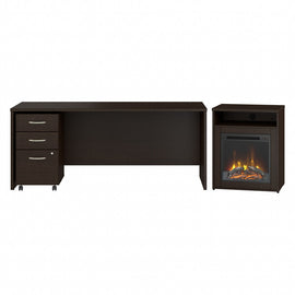Bush Business Furniture Series C 72inW x 30inD Desk With 3-Drawer Mobile File Cabinet And 24inW Electric Fireplace With Shelf, Mocha Cherry, Standard Delivery