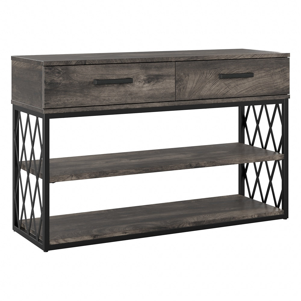 kathy ireland Home by Bush Furniture City Park Industrial Console Table With Drawers And Shelves, Dark Gray Hickory, Standard Delivery