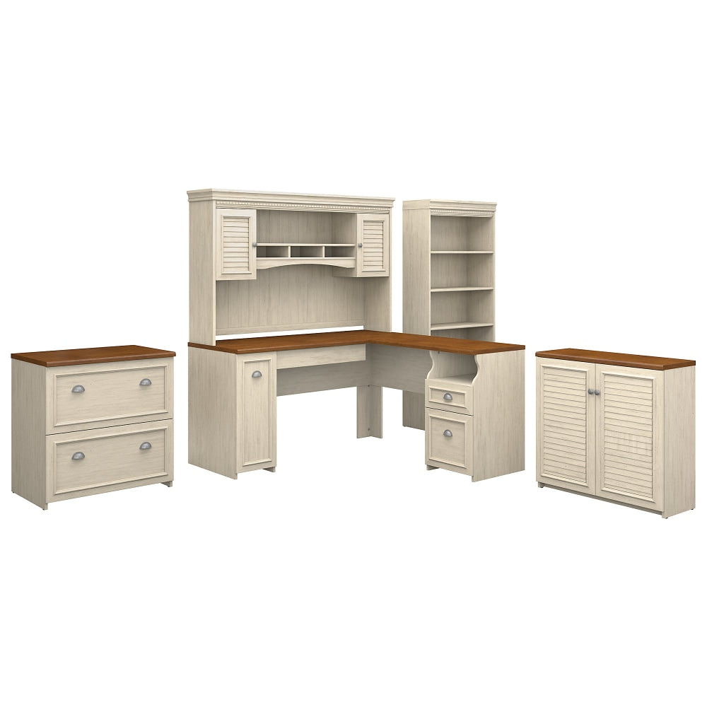 Bush Furniture Fairview 60inW L Shaped Desk With Hutch, Storage Cabinets And 5 Shelf Bookcase, Antique White/Tea Maple, Standard Delivery