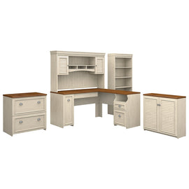 Bush Furniture Fairview 60inW L Shaped Desk With Hutch, Storage Cabinets And 5 Shelf Bookcase, Antique White/Tea Maple, Standard Delivery