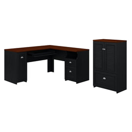 Bush Business Furniture Fairview 60inW L-Shaped Corner Desk And Storage Cabinet With Drawer, Antique Black, Standard Delivery