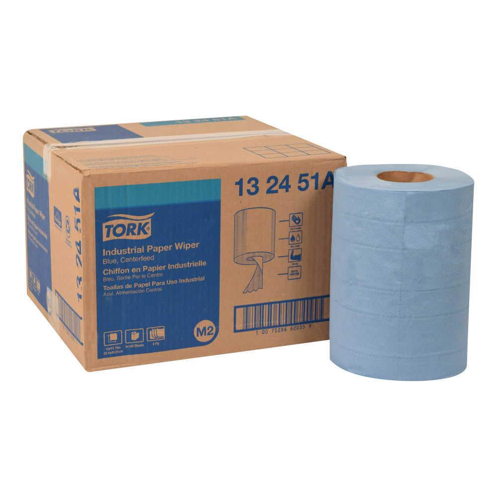 Tork Industrial 4-Ply Paper Wipers, 10in x 15-3/4in, Blue, 190 Wipers Per Roll, Carton Of 4 Rolls