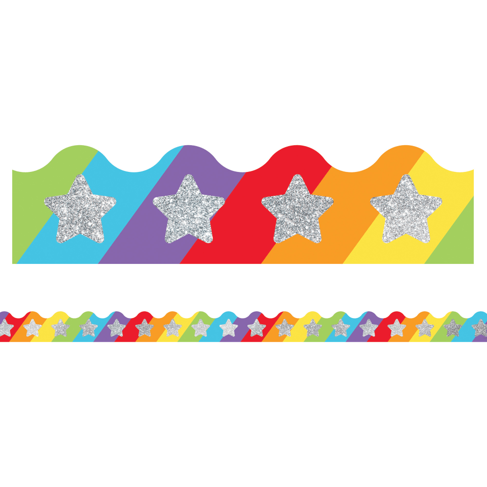 Carson-Dellosa Sparkle And Shine Scalloped Borders, 2 1/4in x 36in, Glitter Stars Rainbow, Preschool - Grade 8, Pack Of 13 Borders