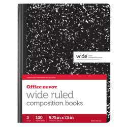 Office Depot Brand Composition Book, 7-1/2in x 9-3/4in, Wide Ruled, 100 Sheets, Black/White, Pack of 3