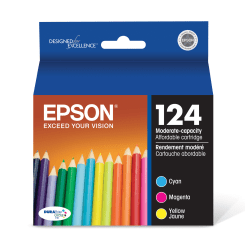 Epson 124 DuraBrite Ultra Cyan, Magenta, Yellow Ink Cartridges, Pack Of 3, T124520